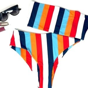 Bandeau high waisted bikini swimsuit stripe SHEIN